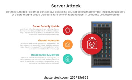 Anuncio de Plantilla de infografía de tecnología de servidor con ataque de servidor con lista de puntos de pila de círculo con lista de 3 puntos para Vector de presentación de diapositivas