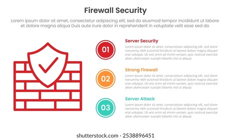 Anuncio de Plantilla de infografía de tecnología de servidor con concepto de seguridad de cortafuegos con información de Big Icon y Circle Point List con lista de 3 puntos para Vector de presentación de diapositivas