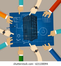 server technology infrastructure web hosting hardware planning sharing team work on paper looking to blue print concept of planning hands pointing collaboration group in office vector.