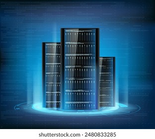 Server telecommunication towers. Data center for information storage. Vector stock illustration