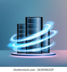 Server telecommunication towers. Data center and cloud computing. Vector stock illustration