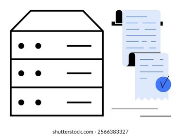 Server with three drawers and two documents with a blue checkmark on the right side. Ideal for data management, documentation, verification, server storage, and organized record-keeping. Minimalist