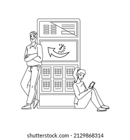 Server Uptime Checking Developers It Worker Black Line Pencil Drawing Vector. Young Man And Woman Check And Fix Machine Server Uptime. Characters Couple Fixing Computer Digital Technology Illustration