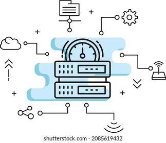 Server Uptime concept, High Speed Machine Vector Icon Design, Burst computing and hosting company Symbol, Optimized web Server Performance stock illustration, Node with Meter Sign