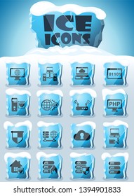 server vector icons frozen in transparent blocks of ice