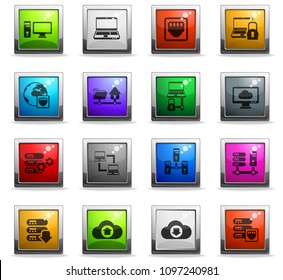 server vector icons in square colored buttons for web and user interface design