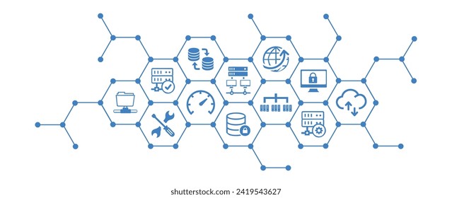 Server vector illustration. Concept with icons on data center infrastructure, server maintenance database hosting storage, digital network, cloud computing, data security, datacenter equipment.