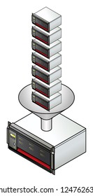 Server virtualization concept. Seven servers consolidated into one with a funnel.