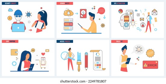 Server and website optimization, cybersecurity, secure account access and shopping set vector illustration. Cartoon tiny people protect data from hackers and malware attacks, optimize software