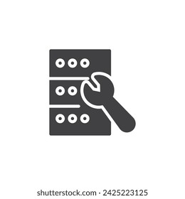 Server with a wrench vector icon. filled flat sign for mobile concept and web design. Server Maintenance glyph icon. Symbol, logo illustration. Vector graphics