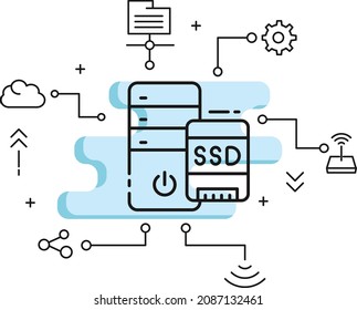 Stockillustration des serverbasierten Flash-Laufwerks, Servermaschinenkonzept für Solid-State-Laufwerke, SSD-ausgestattete Vektorsymbol-Design, Cloud-Computing und Internet-Hosting-Dienste Symbol,