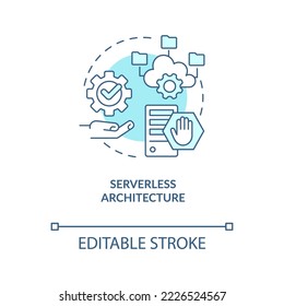 Das türkisfarbene Konzeptsymbol für serverllose Architektur. Digitale Industrie Trend abstrakte Idee dünne Linie Illustration. Einzeln Umrisszeichnung. Bearbeitbarer Strich. Arial, Myriad Pro Fett Schriftarten verwendet
