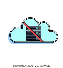 Serverless computing. Cloud icon with crossed out server rack. The absence of traditional servers in a cloud architecture. Enables software development, scalability, and cost efficiency.