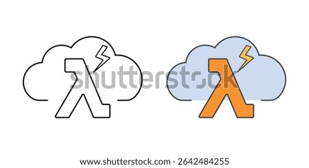 Serverless function icon with a lambda symbol, lightning bolt, and cloud, in outline and color styles, ideal for representing event-driven, scalable compute in cloud environments.