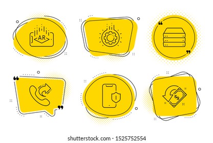 Servers, Augmented reality and Cashback signs. Chat bubbles. Share call, Gear and Smartphone protection line icons set. Phone support, Work process, Phone. Big data. Technology set. Vector