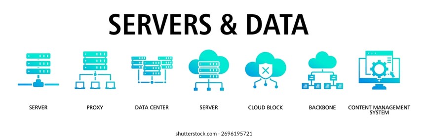 Servers and Data banner web icon vector illustration concept with icon of server, proxy, data center, cloud block, backbone, content management system, server

