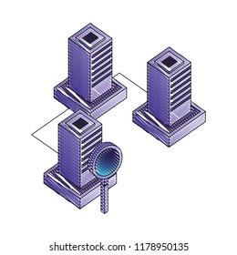 servers data center with magnifying glass isometric icon