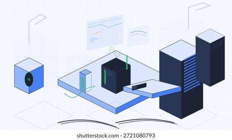 Servers and devices are arranged in a workspace showing digital connections. Data flows between the equipment, representing information technology operations during work hours.