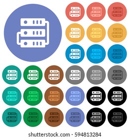 Servers multi colored flat icons on round backgrounds. Included white, light and dark icon variations for hover and active status effects, and bonus shades on black backgounds.