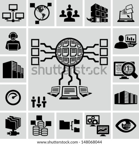 Servers, network, database, data analytics icons set