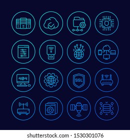 servers, network, hosting and data line icons set