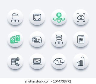 servers, networks, data storage, cloud solutions, database, hosting line icons set