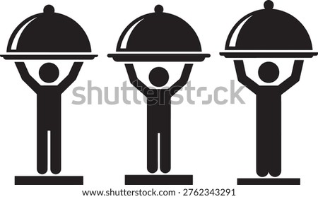 Servers presenting food, waitstaff silhouette, cloche dish icons, service concept.
