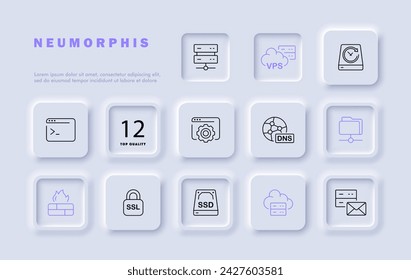 Servers set line icon. Internet, connection, laptop, cloud saving, folder, password, calculator. Neomorphism style. Vector line icon for business and advertising