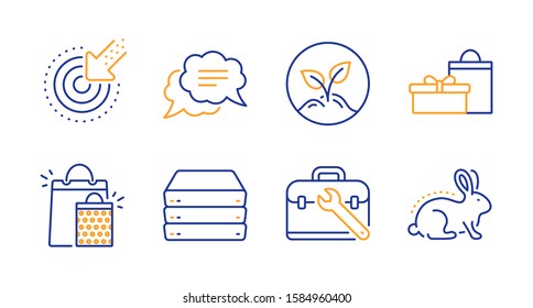Servers, Text message and Targeting line icons set. Tool case, Startup and Gifts signs. Shopping bags, Animal tested symbols. Big data, Chat bubble. Business set. Line servers icon. Vector