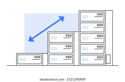 Servers of various sizes arranged horizontally with an upward, right-facing arrow in the background. Ideal for technological infrastructure growth expansion scalability data management modern server