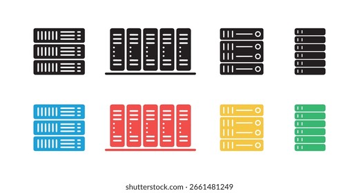 Servers vector icons set, hosting data center mainframes in black, red, blue, green, yellow arranged on a white background in a clean vector.