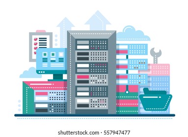 Servers - vector modern flat design illustration with communications equipment and tools