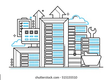 Servers - vector modern line design illustration with communications equipment and tools