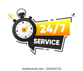 Service 24 to 7. Service banner 24 hours a day and 7 days a week. Help support concept with stopwatch. Modern design. Vector illustration.