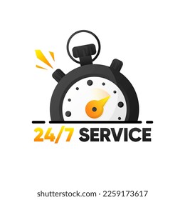 Service 24 to 7. Service banner 24 hours a day and 7 days a week. Help support concept with stopwatch. Modern design. Vector illustration.