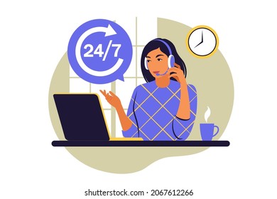 El concepto de servicio 24 7. Asistencia al centro de llamadas. Ilustración vectorial. Plano