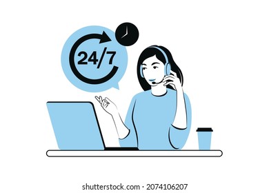 Service 24 7 Konzept. Support für Call Center. Vektorgrafik. flach