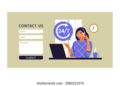 El concepto de servicio 24 7. Asistencia al centro de llamadas. Contáctenos para el formulario de web. Ilustración vectorial. Plano.