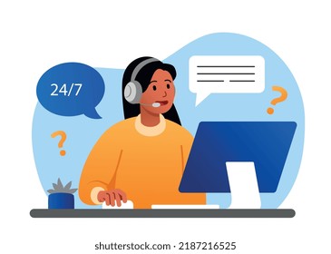 Service 24 7. Girl in headphones answers questions from consumers and clients of company. Feedback and FAQs. Technical support and consultation by smartphone, hotline. Cartoon flat vector illustration