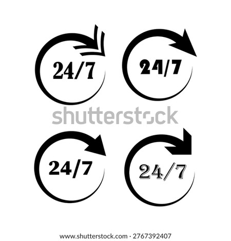 Service 24 7. Twenty four seven. Support cycle Vector. Time symbol. Manual vector only. No autotrace used. EPS 10.