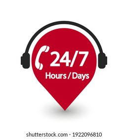 Service of 24 hour and 7 day. Icon of 24 hour and 7 day. Timetable of delivery, call, support of customer. Banner of anytime work of shop, assistance. Clock of help, operation and rent. Vector.