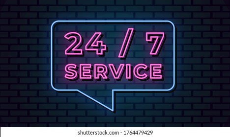 Service 24/7 light, neon sign symbol