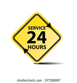 Service 24H Yellow Sign For Customer Service, Support or CRM Concept Isolated on White Background - Vector.