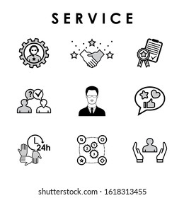 Service - 9 web Icons for website or social media page design. Support, Experience, Knowledge, Advice, Quality, Help, Satisfaction. Infographic icons collection. Vector illustration