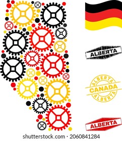 Service Alberta Province map mosaic and seals. Vector collage is composed with service icons in variable sizes, and Germany flag official colors - red, yellow, black.