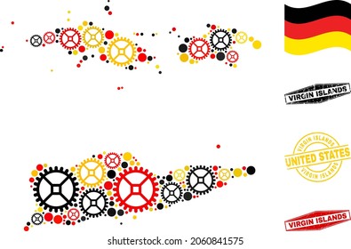 Service American Virgin Islands map collage and seals. Vector collage is composed with service items in different sizes, and German flag official colors - red, yellow, black.