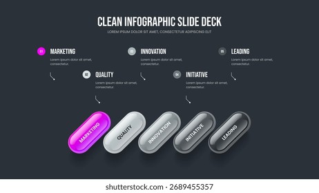 Plantilla de presentación de diapositivas de diagrama de 5 elementos de análisis de servicio. Consultoría de Ilustración vectorial de Diseño de Marcos de Cartera. Crecimiento de ventas Diseño de diapositiva infográfica de cinco pasos.