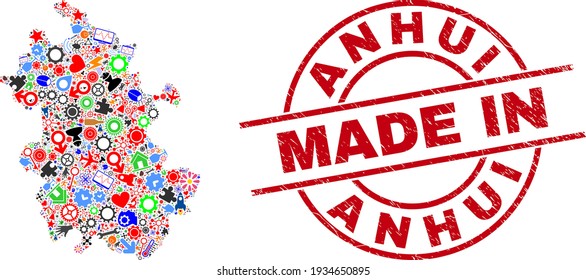 Service Anhui Province map mosaic and MADE IN grunge rubber stamp. Anhui Province map collage formed with wrenches, gearwheels, instruments, air planes, transports, electricity bolts, details.