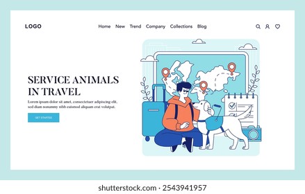 conceito de Service Animals in Travel. Indivíduo deficiente com cão de serviço preparando-se para uma viagem, mostrando inclusividade nas férias. Ilustração vetorial.