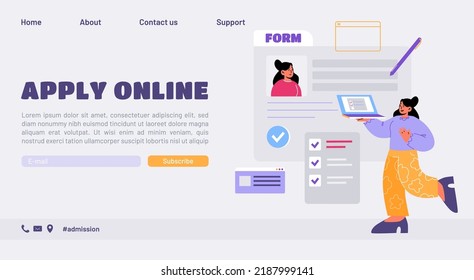 Service of apply online, register form on website. Vector landing page of digital admission and application registration with flat illustration of woman completes request online